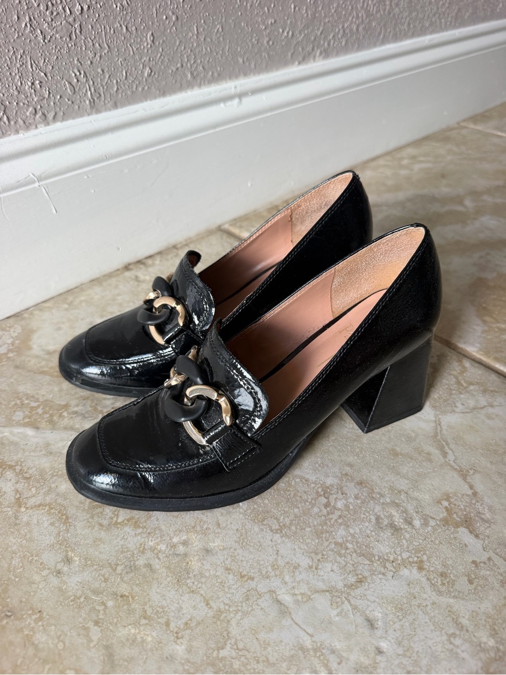 Paolo Black Patent Block Heel Loafers with Gold Chain - Picture 3 of 4